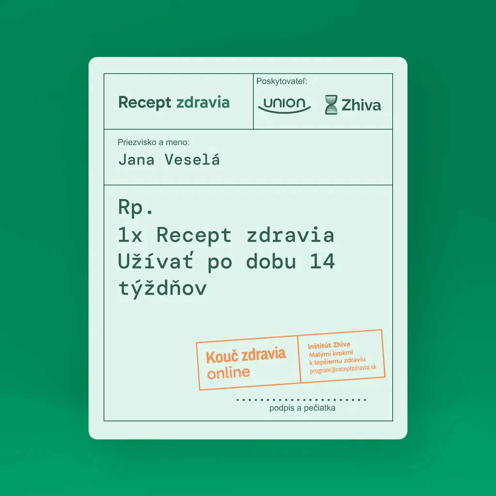 A Zhiva “Recept zdravia” (recipe for health) card styled as a prescription: “Užívať po dobu 14 týždňov” (take for 14 weeks)