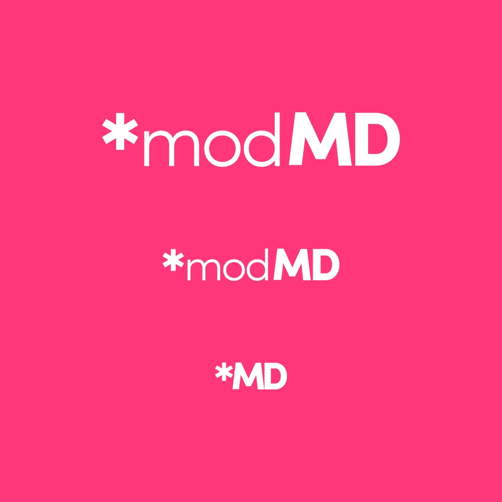 The ModMD logo reversed out in white on pink, at three sizes down to the short “*MD” mark