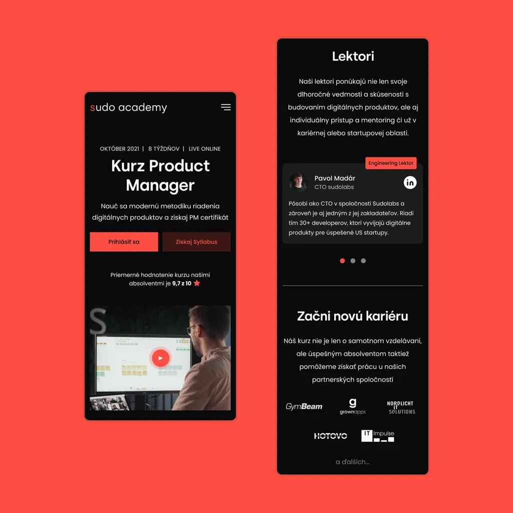 The Sudo Academy Product Manager course on mobile, and a lecturers section followed by “Začni novú kariéru” (start a new career) and hiring-partner logos