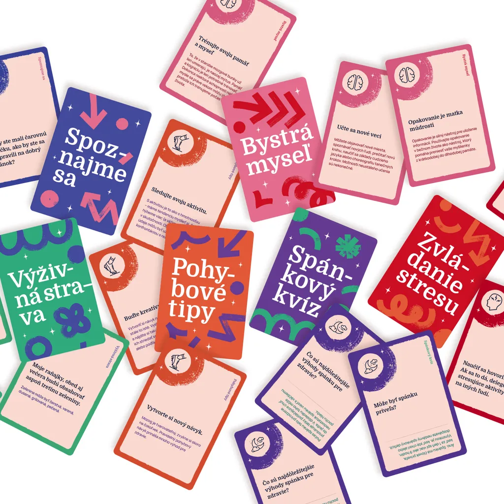 Six Zhiva card decks spread out, among them “Spánkový kvíz” (sleep quiz), “Pohybové tipy” (movement tips) and “Zvládanie stresu” (managing stress)