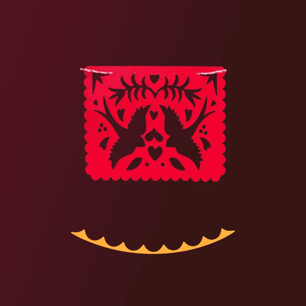 A red papel picado flag with cut-out birds and hearts, above the yellow scalloped arc from the La Hacienda logo