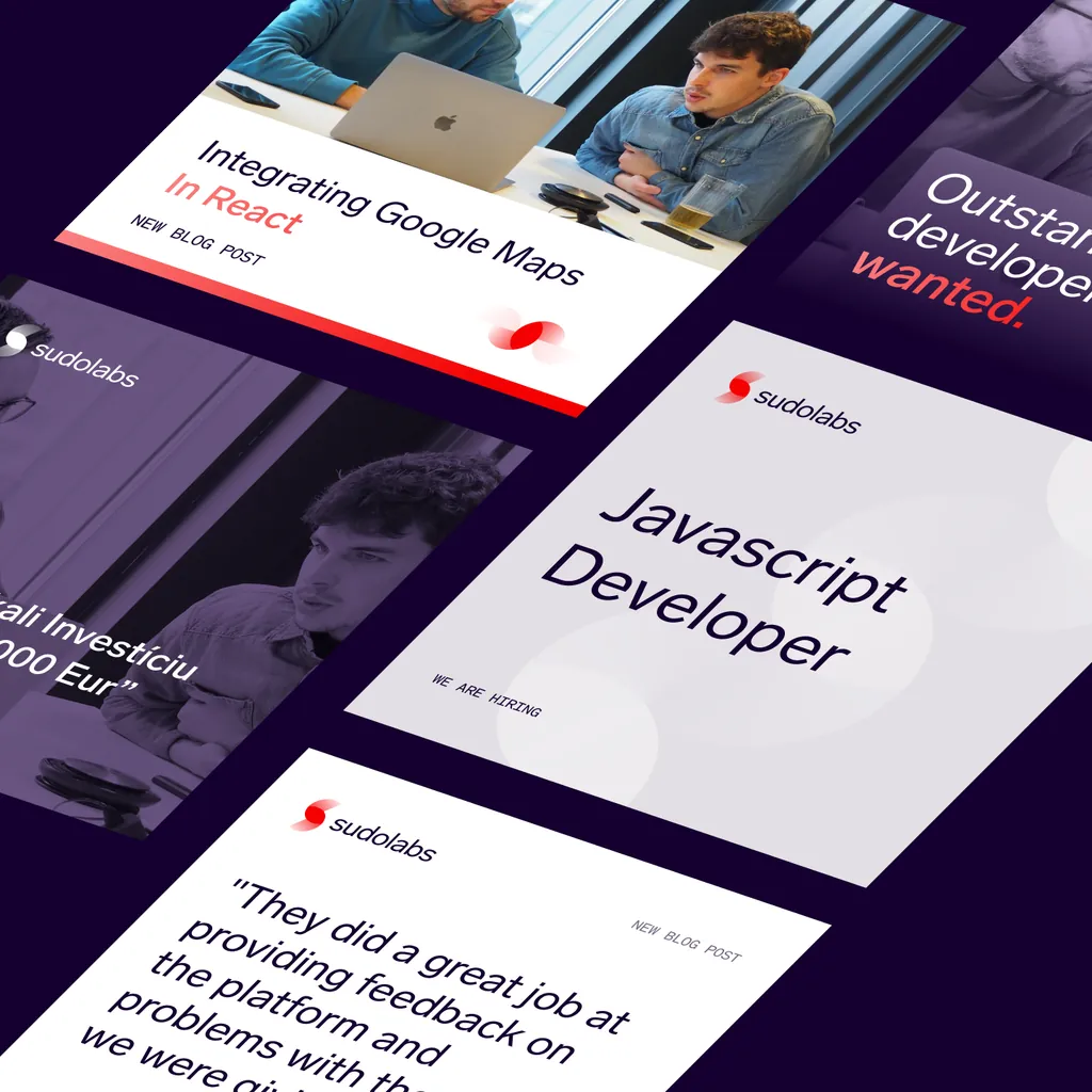 Sudolabs blog and hiring cards in the new identity: “Javascript Developer”, “Outstanding developers wanted”