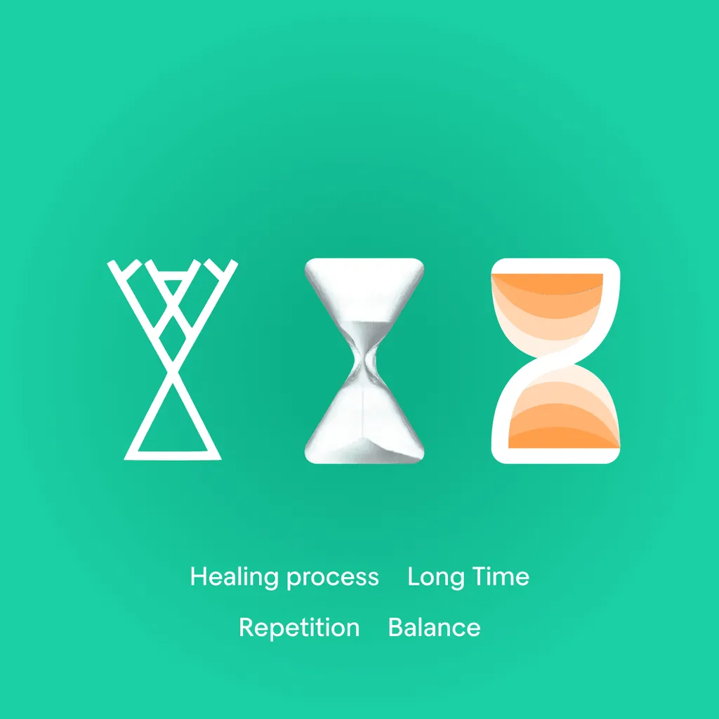 The Zhiva hourglass logo beside a line symbol and a glass hourglass, with “Healing process”, “Long Time”, “Repetition” and “Balance”