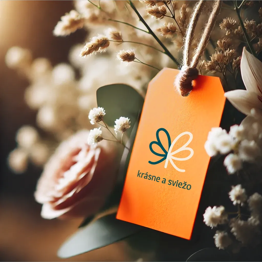 A Kvetináreň gift tag, “krásne a sviežo” (beautiful and fresh), among dried flowers
