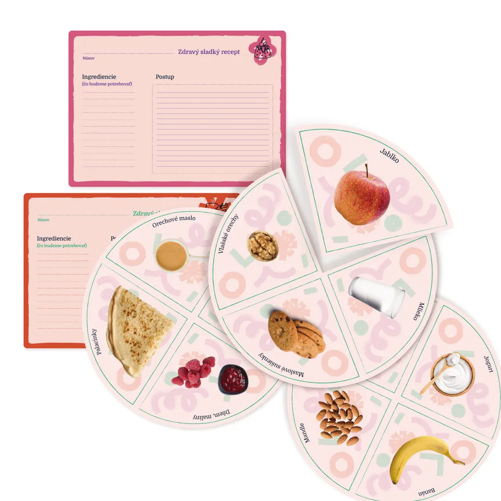 Zhiva recipe cards, “Zdravý sladký recept” (healthy sweet recipe), with round cards divided into foods like pancakes, apple, nuts and banana