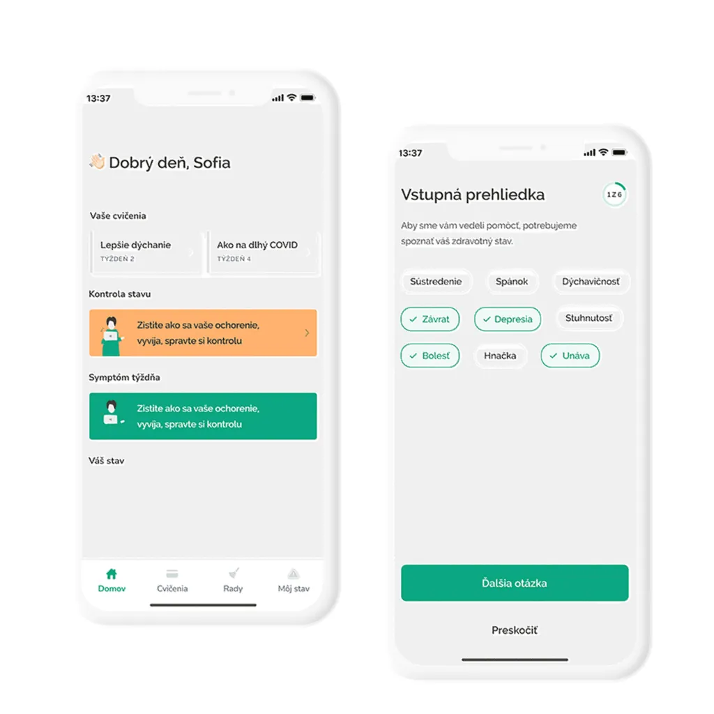 Two Zhiva app screens: home, with exercises like “Ako na dlhý COVID” (dealing with long COVID), and an intake list of symptoms to tick