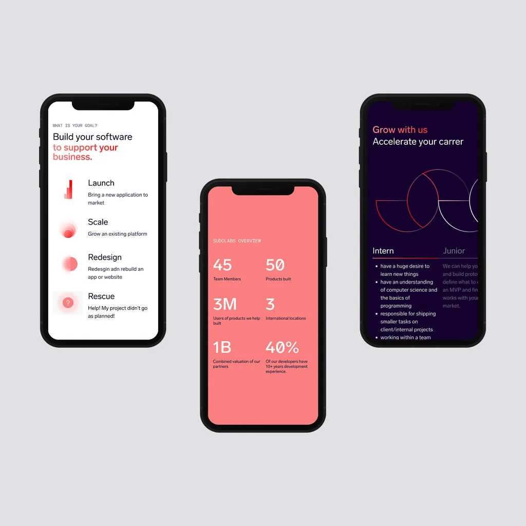 Three Sudolabs website screens on phones: services, numbers and careers