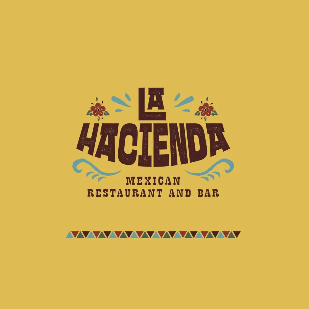 The earlier La Hacienda logo, with flowers and blue flourishes, “Mexican Restaurant and Bar”, on yellow