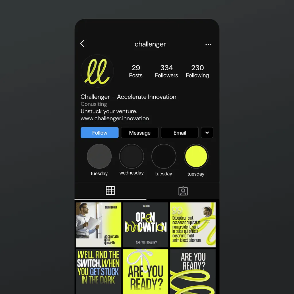 The Challenger Instagram profile on a phone, with the new post grid