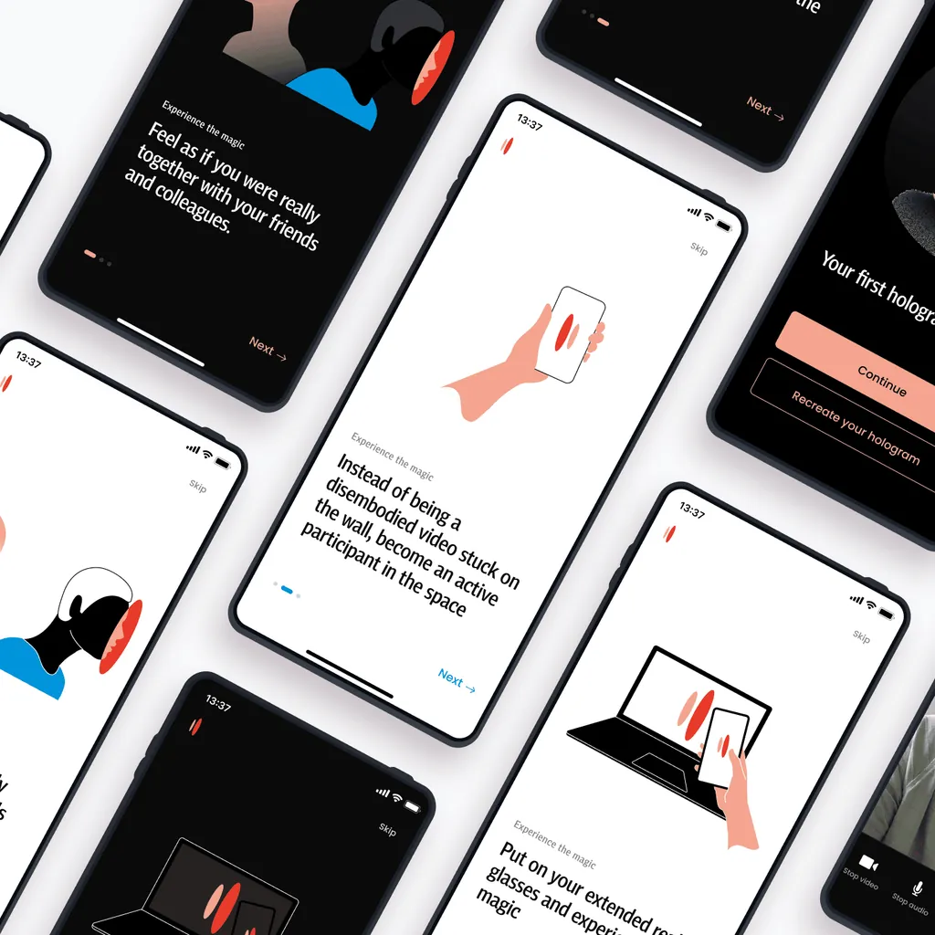 Matsuko app onboarding screens on phones: “Feel as if you were really together with your friends and colleagues”