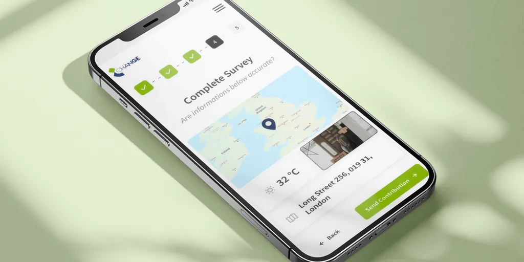 The i-CHANGE survey on a phone: “Complete survey”, with a map and the temperature