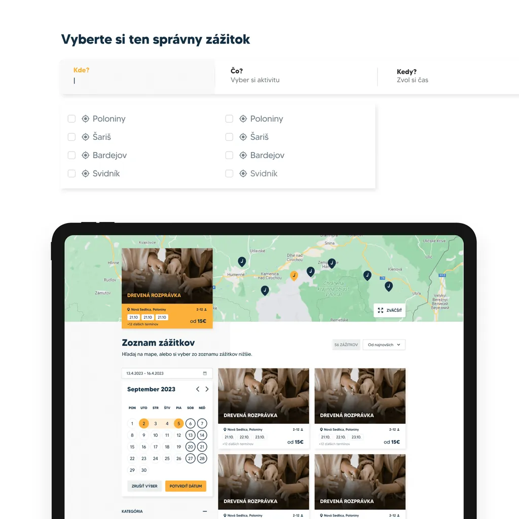 The Objavte location search with Poloniny, Šariš, Bardejov and Svidník, above a tablet showing experiences on a map and list
