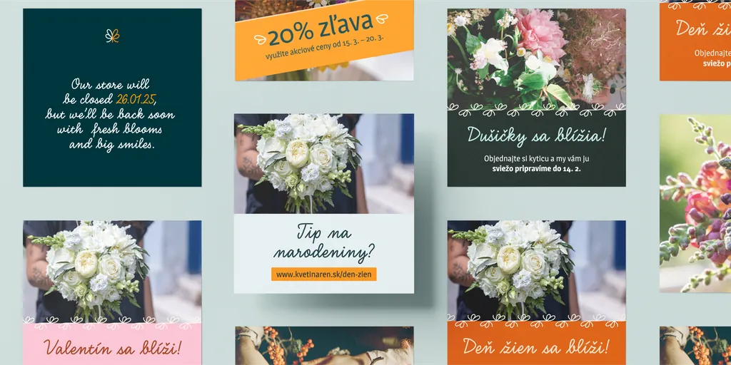 Kvetináreň social media posts: opening hours, discounts and seasonal bouquets
