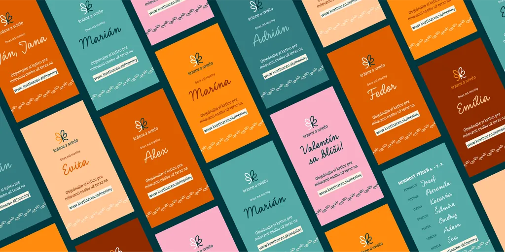 Kvetináreň name-day story templates in the brand's colours