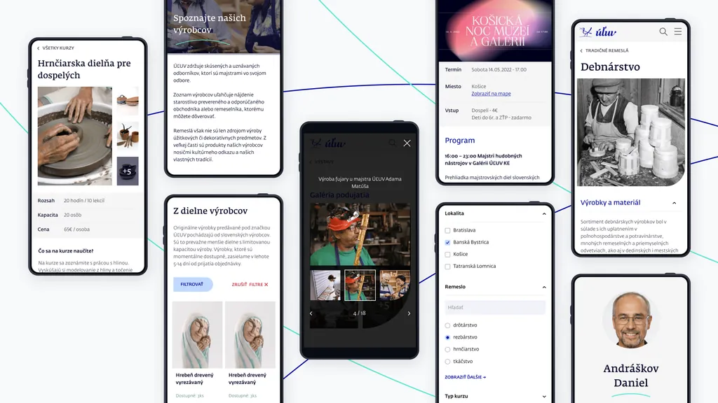 ÚĽUV website screens on phones: workshops, events, crafts and makers