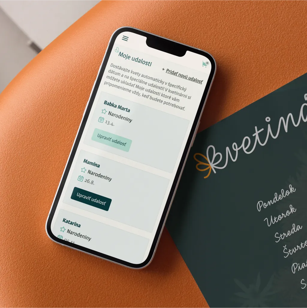 The Kvetináreň e-shop on a phone, next to the Kvetináreň wordmark