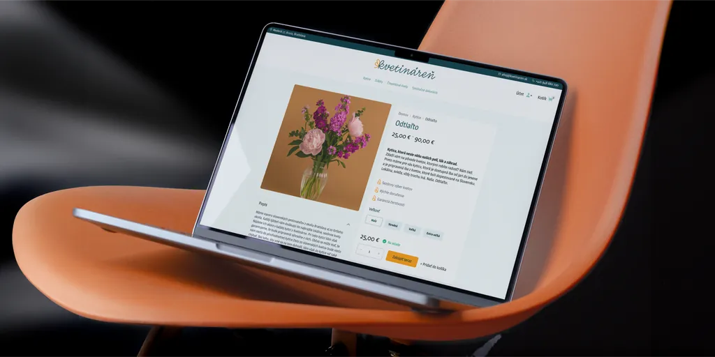 The Kvetináreň e-shop product page on a laptop
